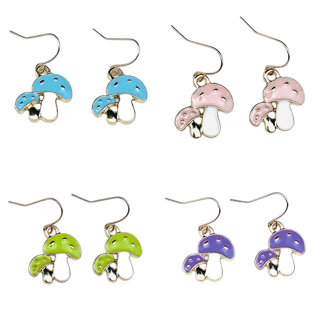 4 Pairs Enamel Gold Mushroom Earrings Purple Pink